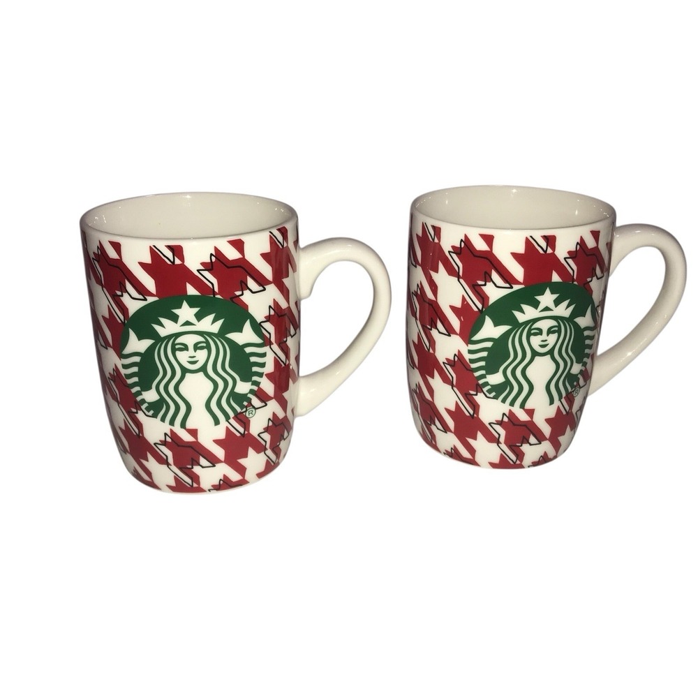 Set Of Two Starbucks Coffee Mugs 2017 Red Houndstooth 10 oz Cup 4" Mermaid Logo